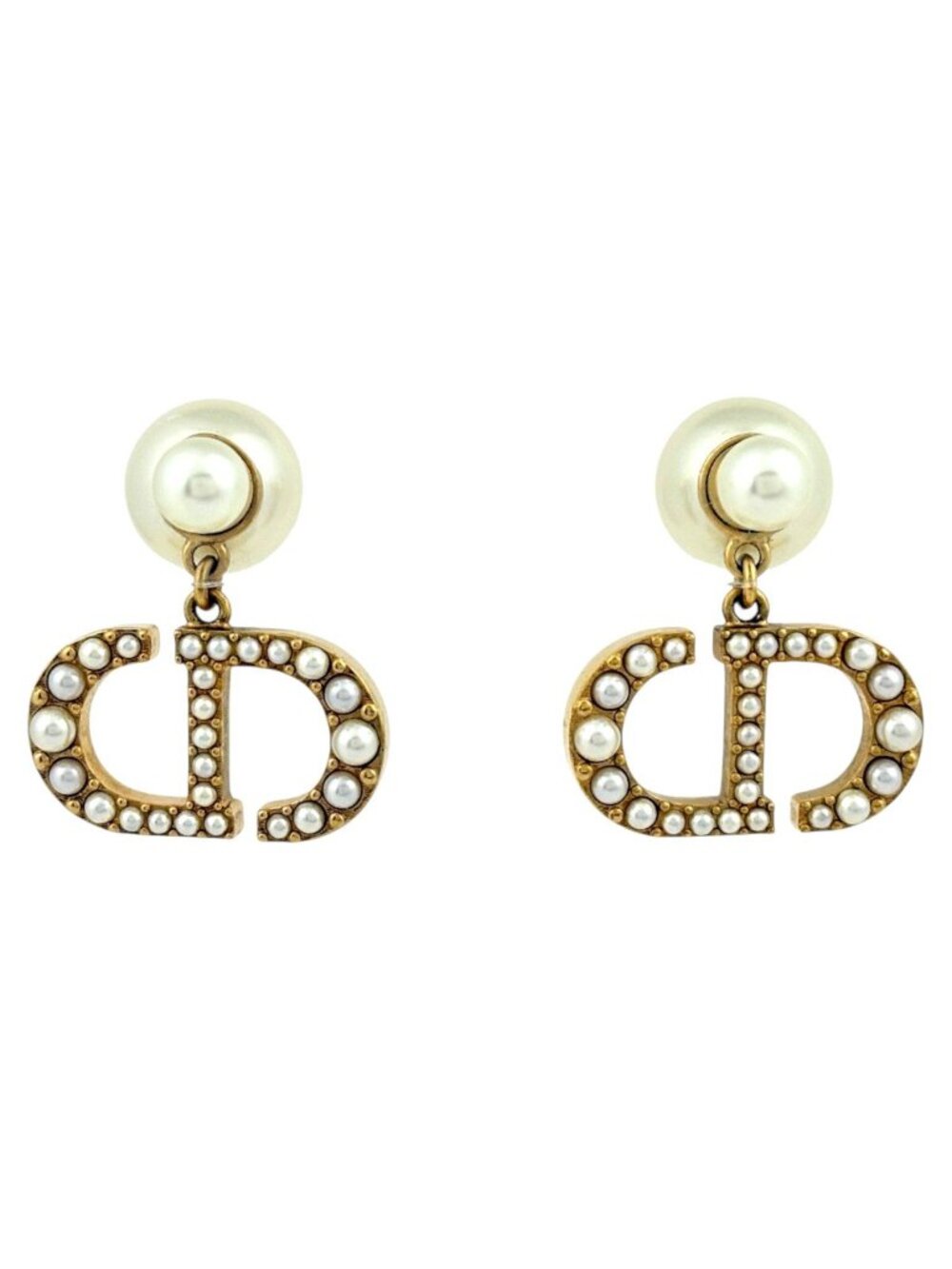 Dior Earrings Tribal Swing Faux Pearl Gold White